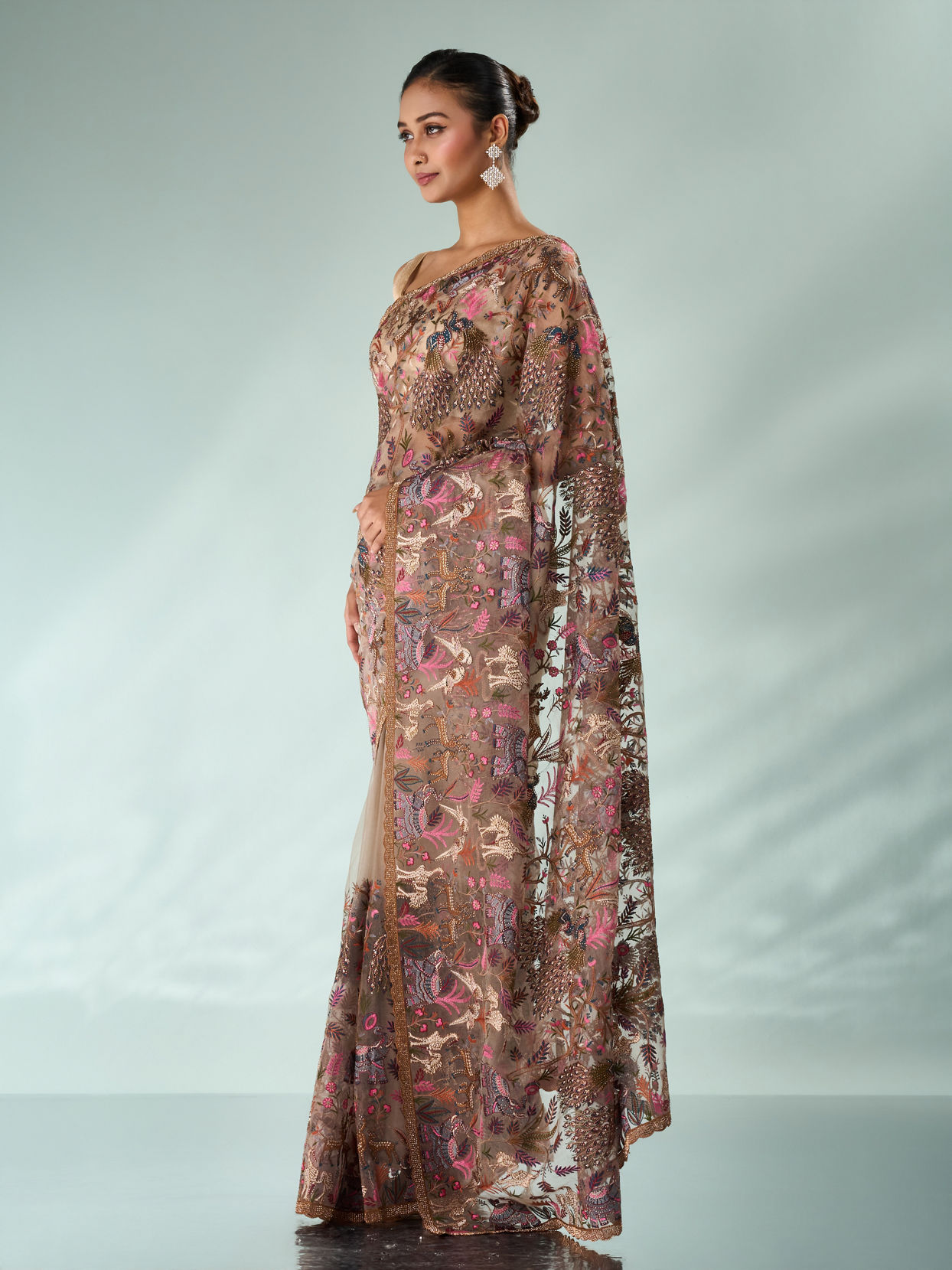 Mohey Women Fawn Organza Saree with Stone and Thread Work