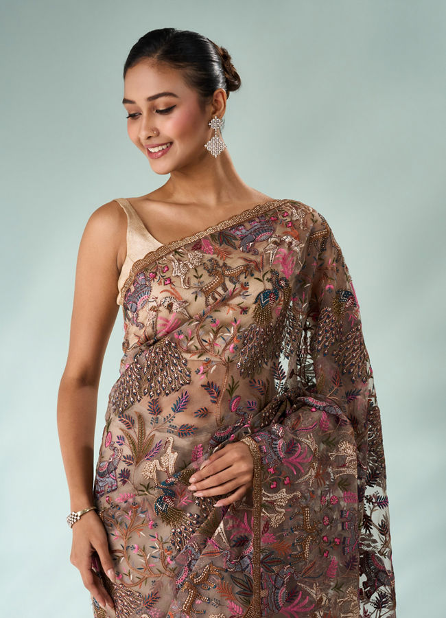Mohey Women Fawn Organza Saree with Stone and Thread Work