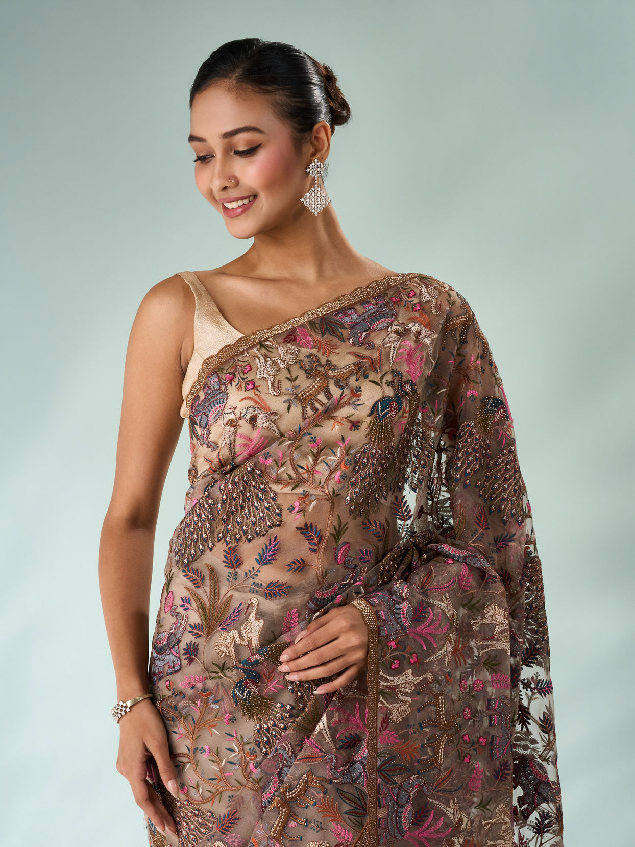 Mohey Women Fawn Organza Saree with Stone and Thread Work