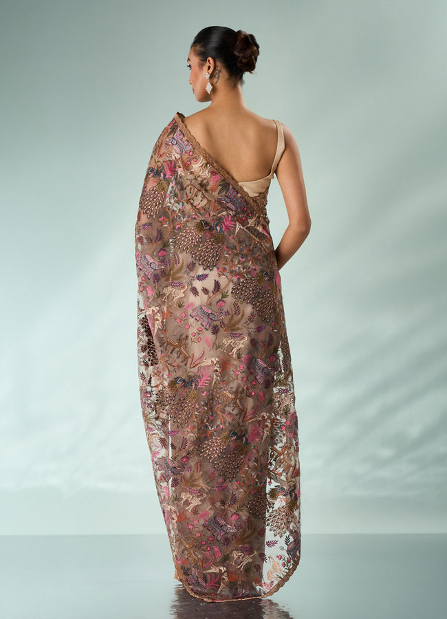 Mohey Women Fawn Organza Saree with Stone and Thread Work