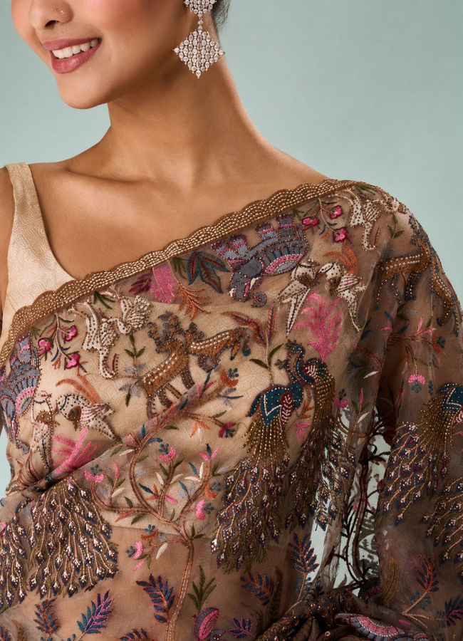 Mohey Women Fawn Organza Saree with Stone and Thread Work