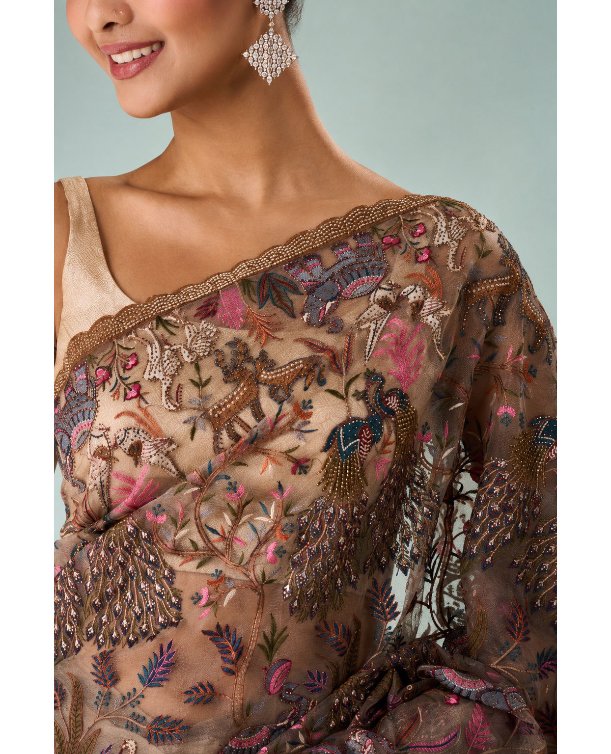 Mohey Women Fawn Organza Saree with Stone and Thread Work