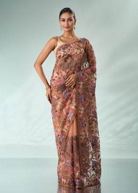 Mohey Women Peach Organza Saree with Stone and Thread Work