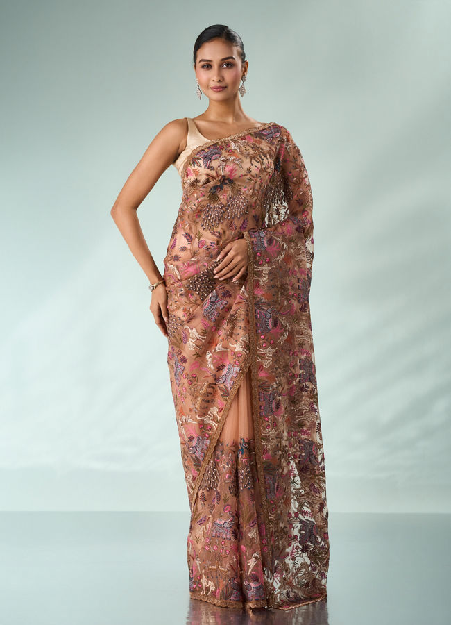 Mohey Women Peach Organza Saree with Stone and Thread Work