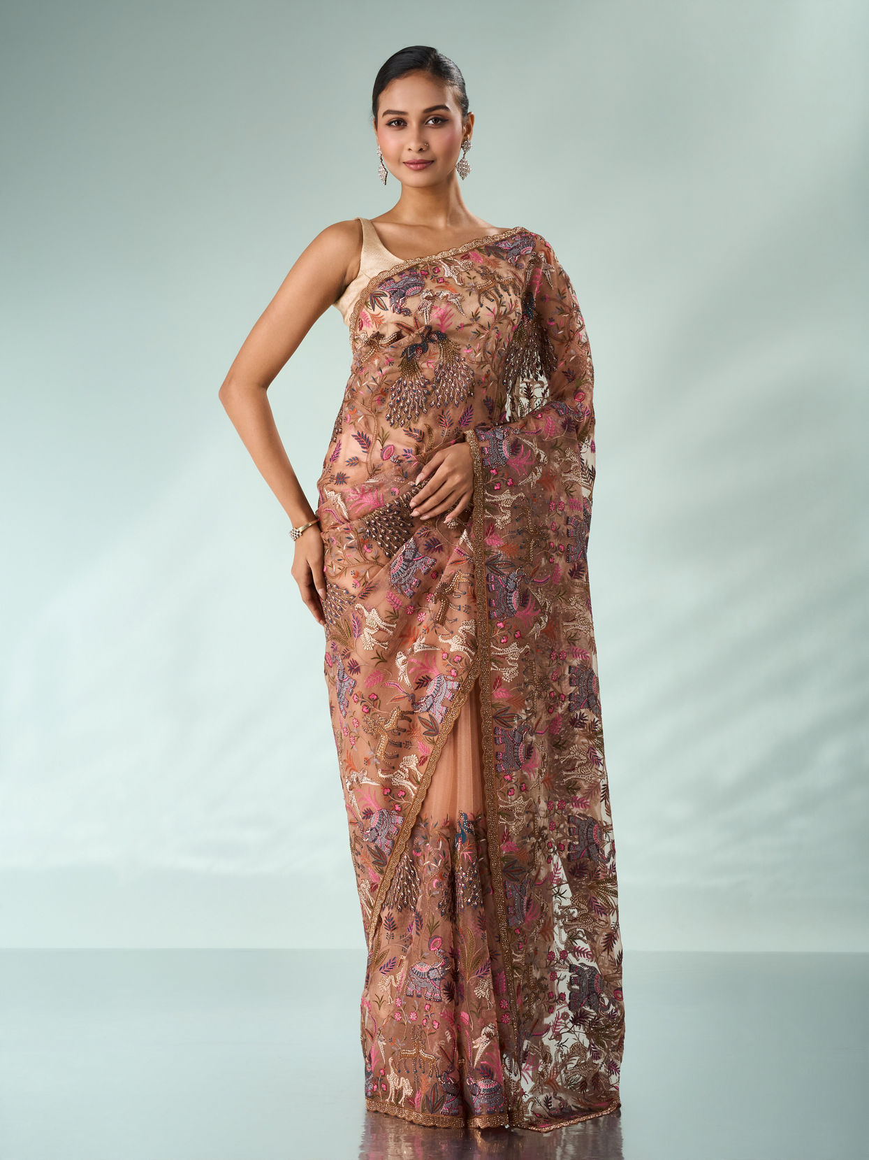 Mohey Women Peach Organza Saree with Stone and Thread Work
