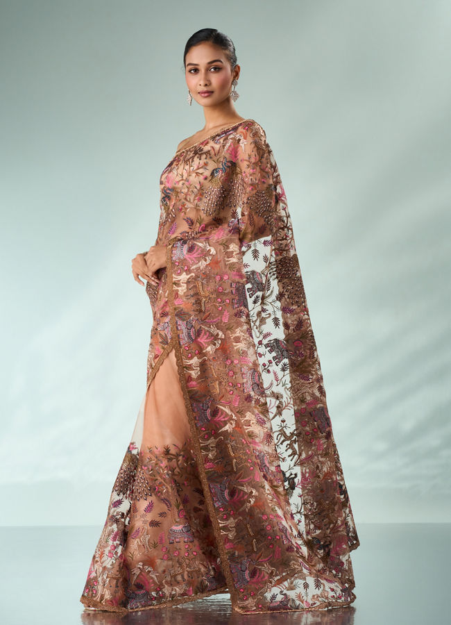 Mohey Women Peach Organza Saree with Stone and Thread Work