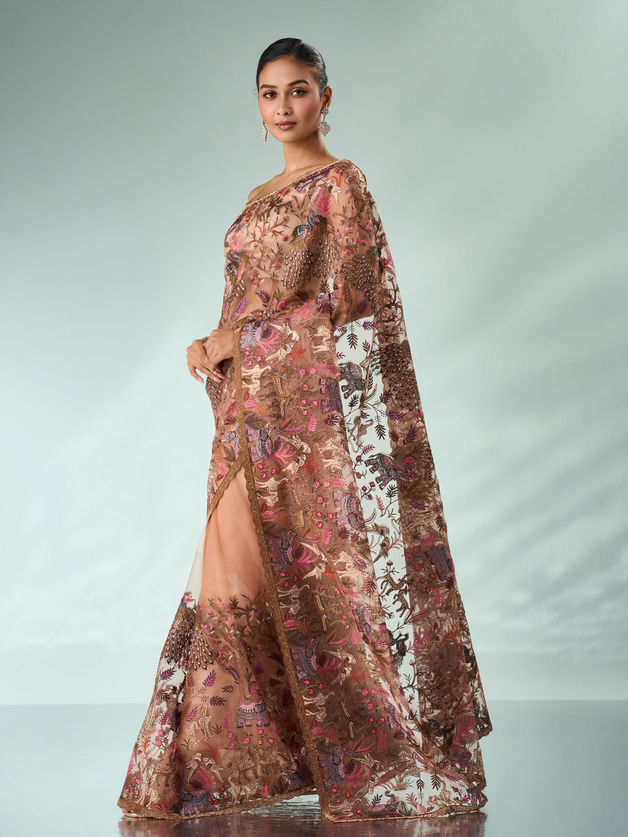 Mohey Women Peach Organza Saree with Stone and Thread Work