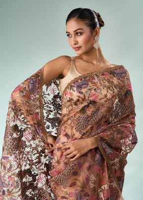 Mohey Women Peach Organza Saree with Stone and Thread Work