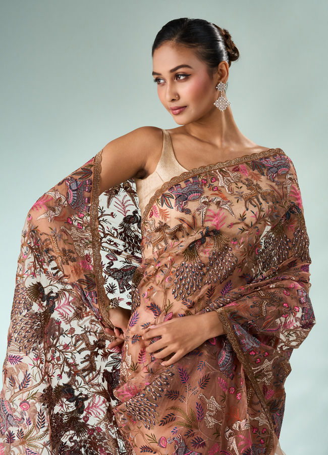 Mohey Women Peach Organza Saree with Stone and Thread Work
