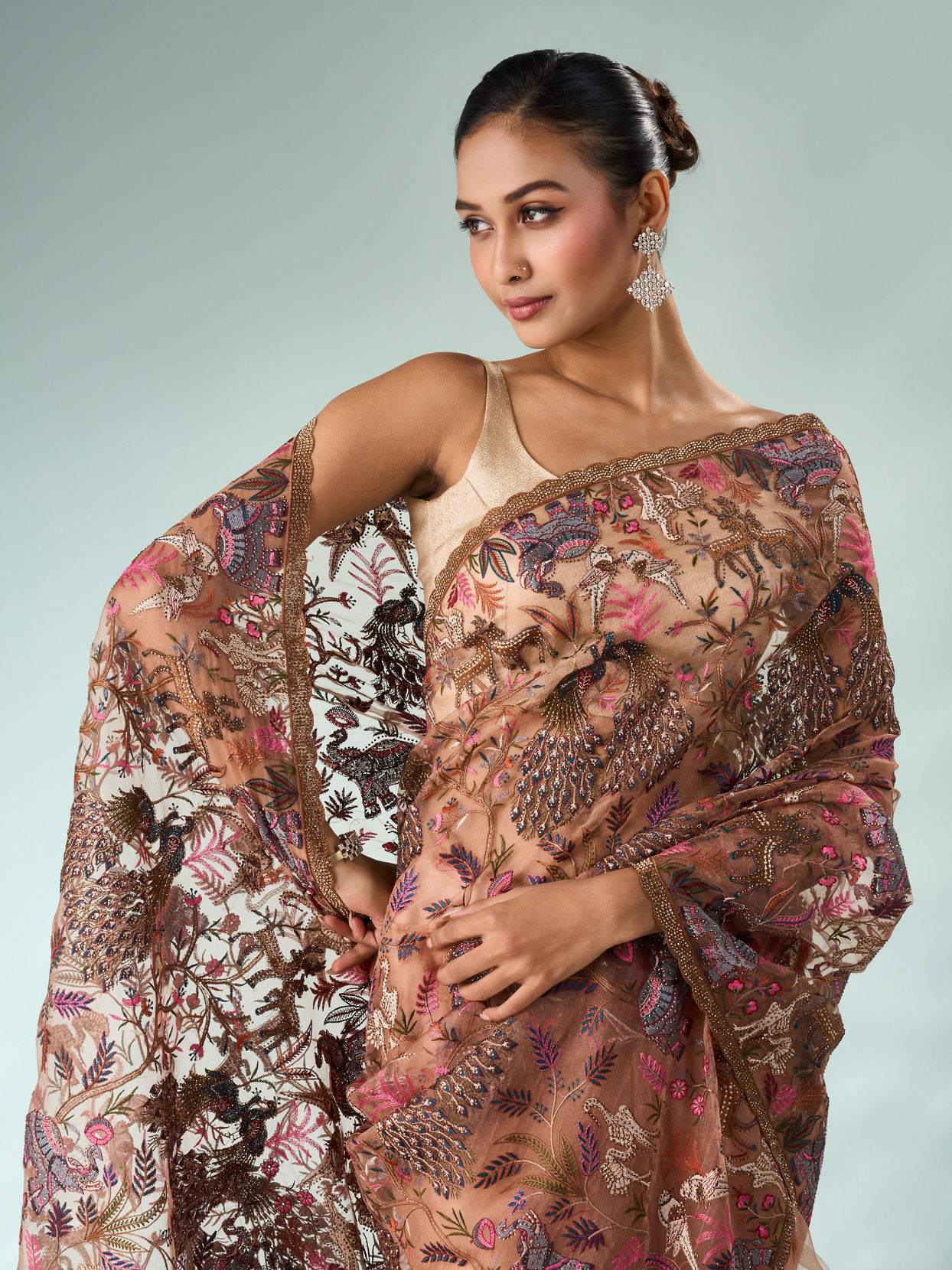 Mohey Women Peach Organza Saree with Stone and Thread Work