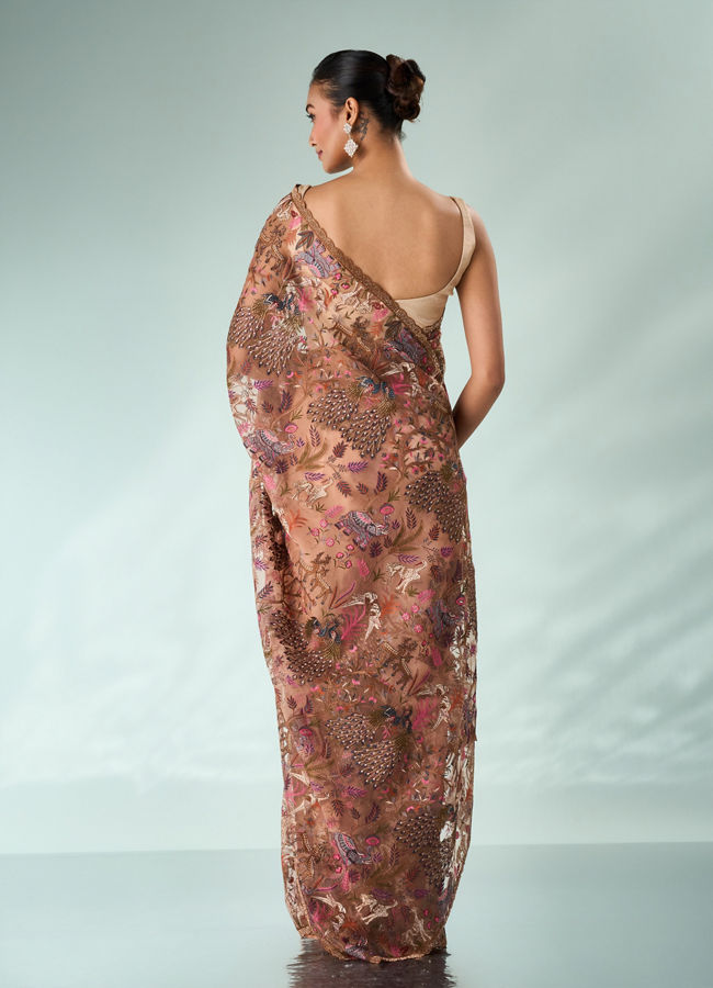 Mohey Women Peach Organza Saree with Stone and Thread Work