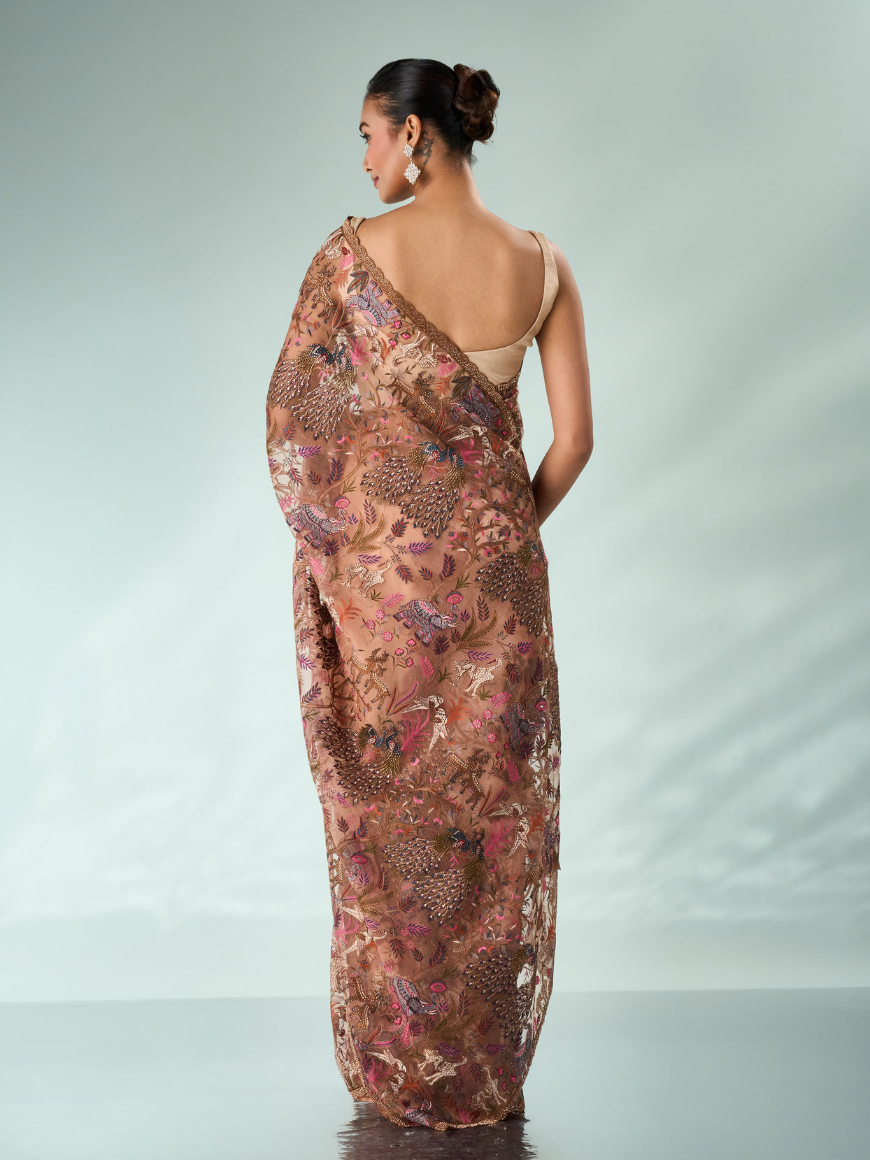 Mohey Women Peach Organza Saree with Stone and Thread Work