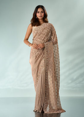 Mohey Women Peach Organza Saree with Stone Work