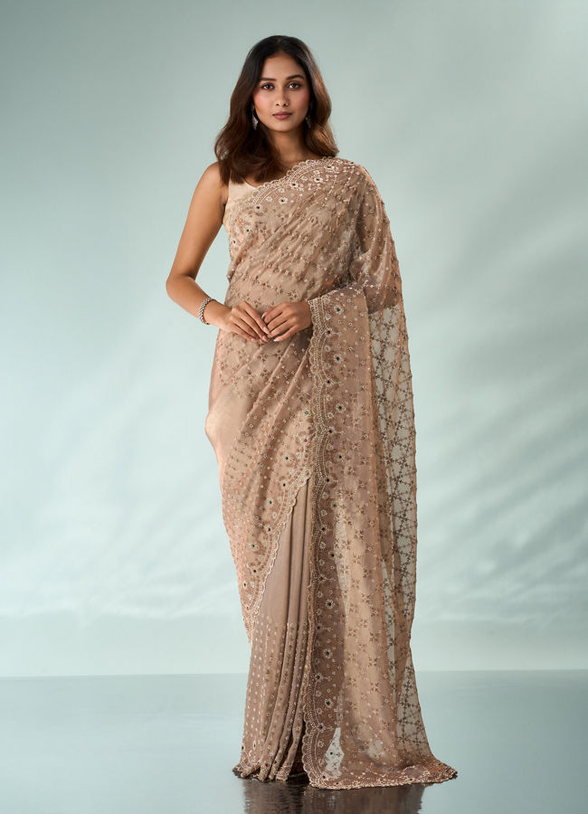 Mohey Women Peach Organza Saree with Stone Work