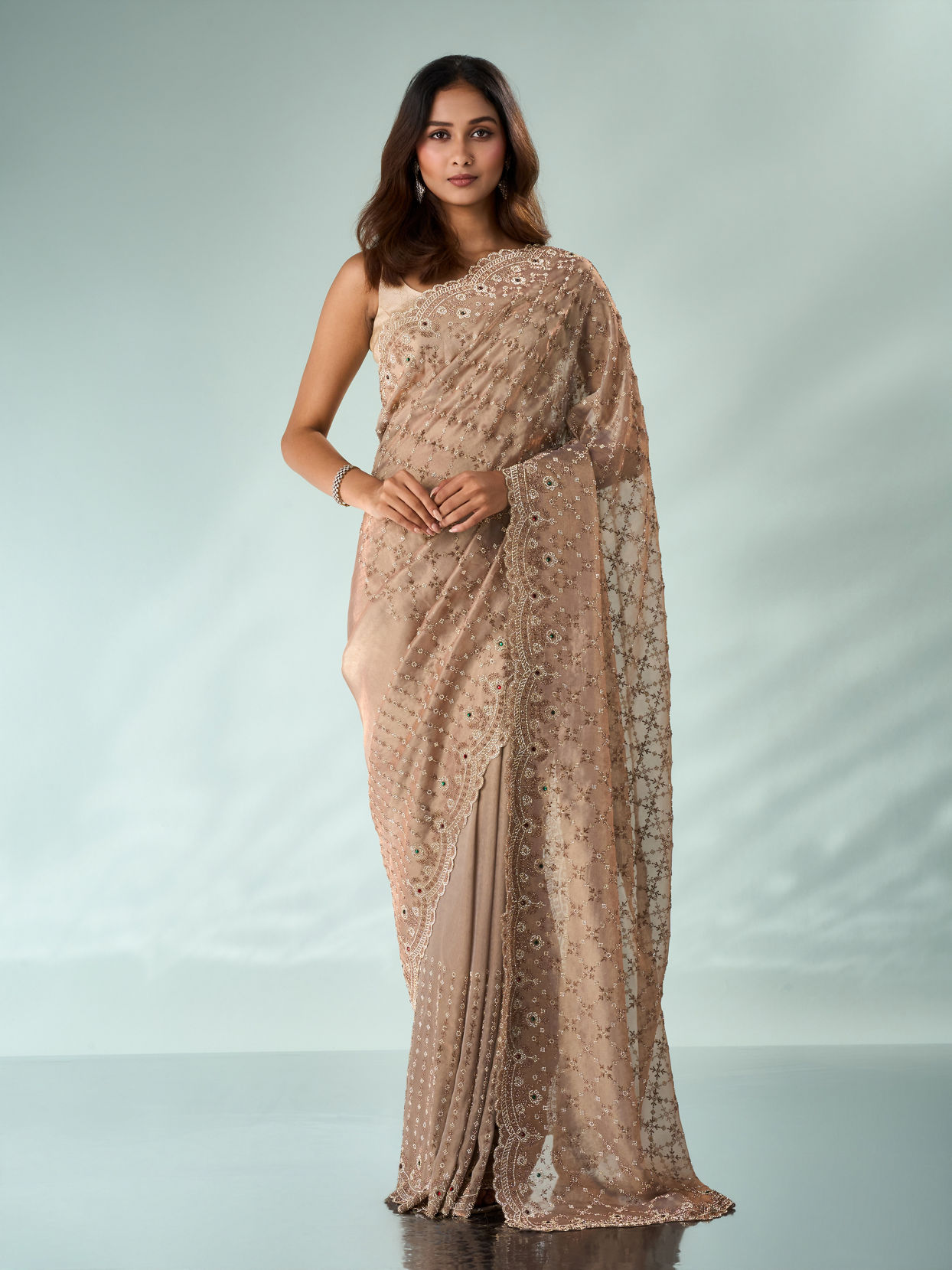 Mohey Women Peach Organza Saree with Stone Work