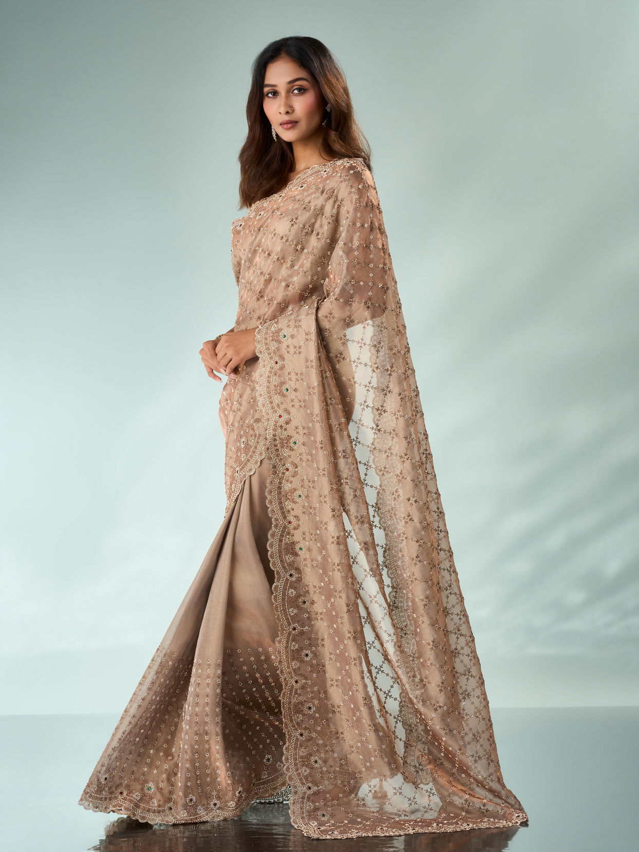Mohey Women Peach Organza Saree with Stone Work