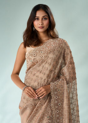Mohey Women Peach Organza Saree with Stone Work