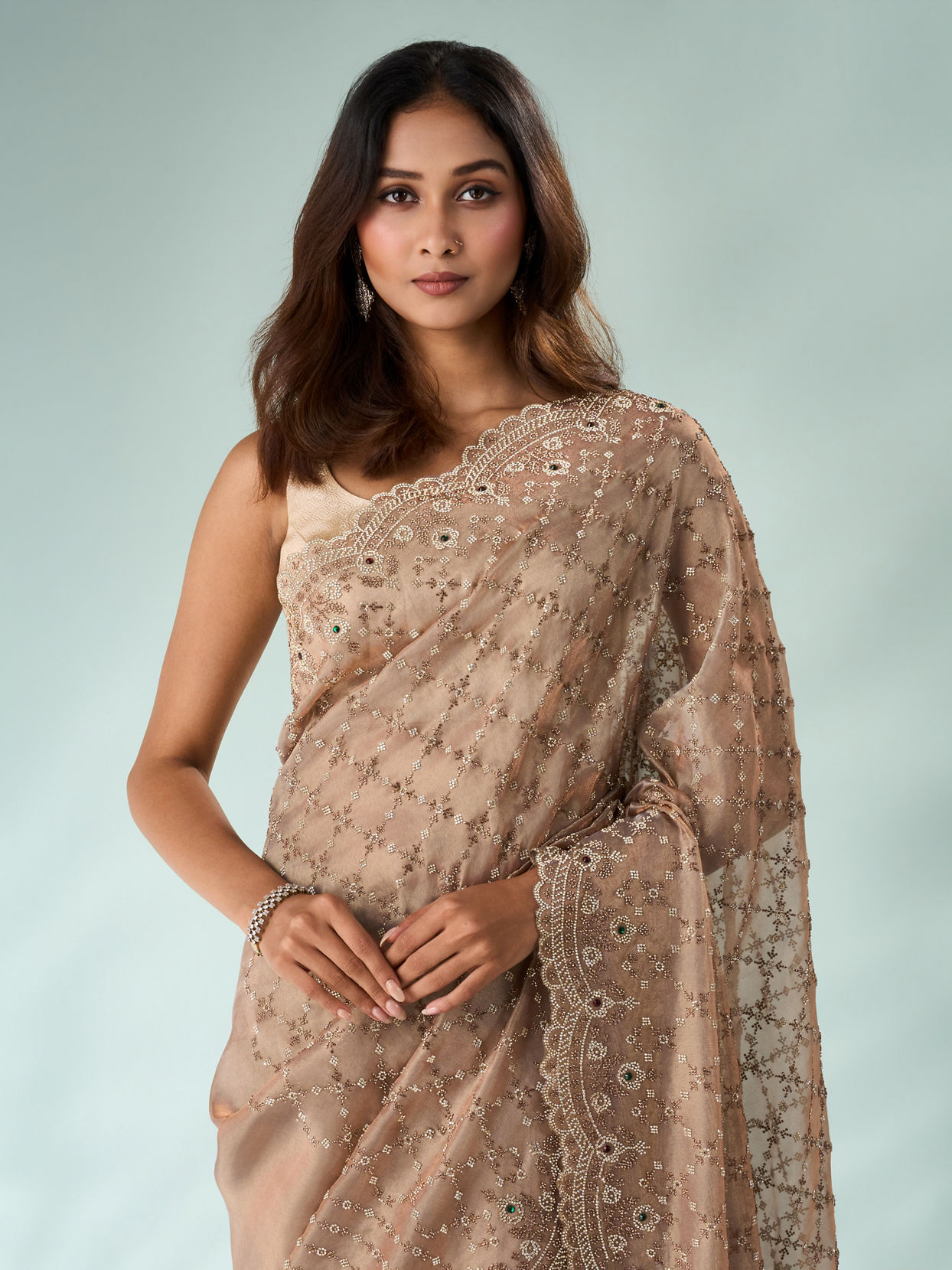 Mohey Women Peach Organza Saree with Stone Work