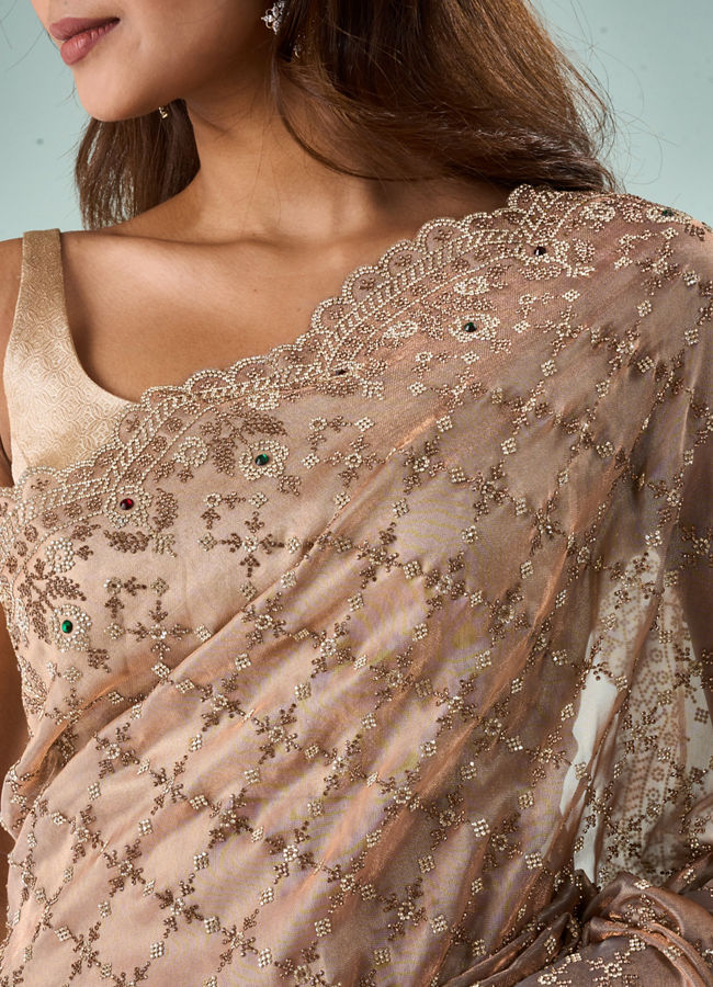 Mohey Women Peach Organza Saree with Stone Work