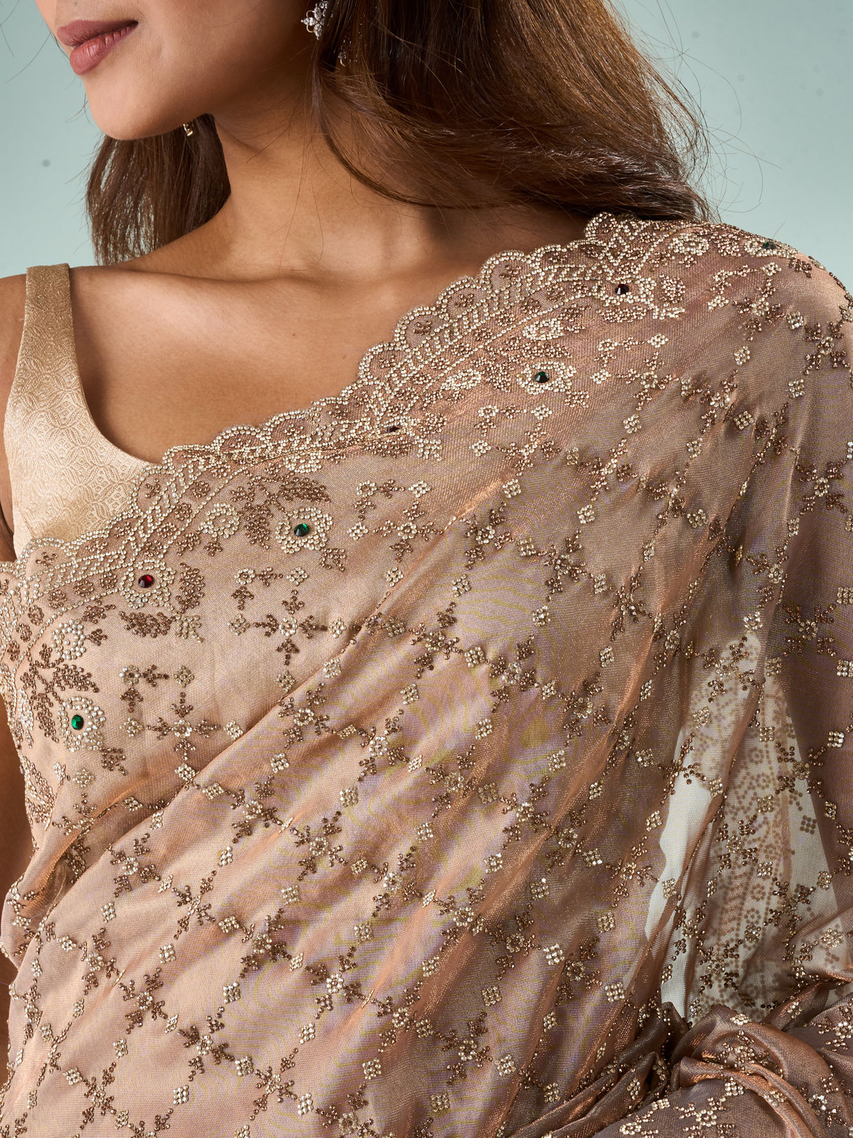 Mohey Women Peach Organza Saree with Stone Work