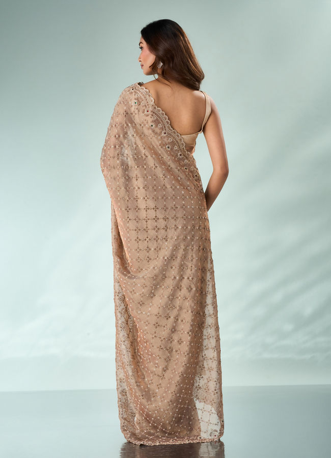 Mohey Women Peach Organza Saree with Stone Work