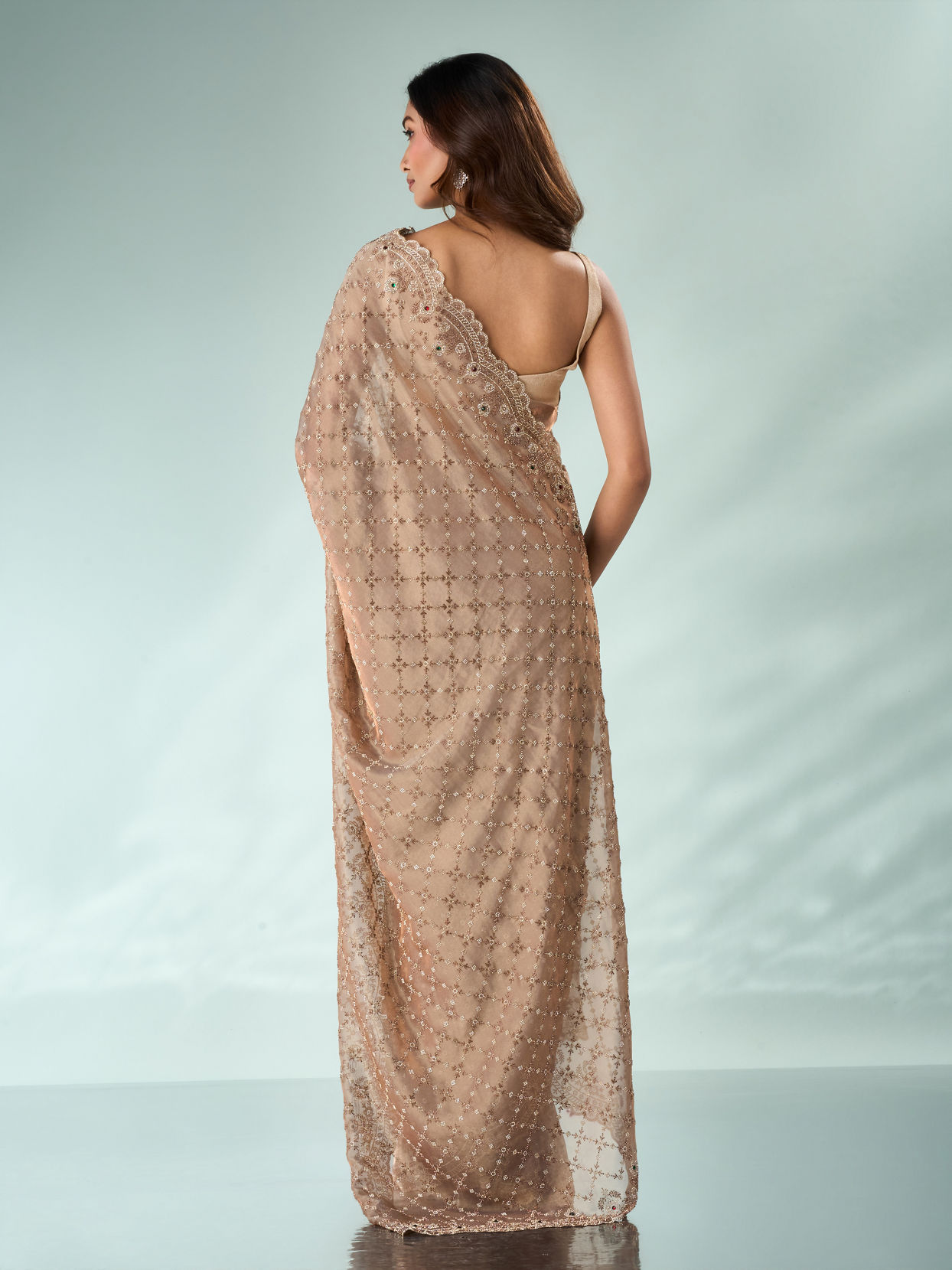 Mohey Women Peach Organza Saree with Stone Work