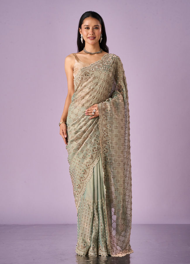 Mohey Women Sea Green Organza Saree with Stone Work