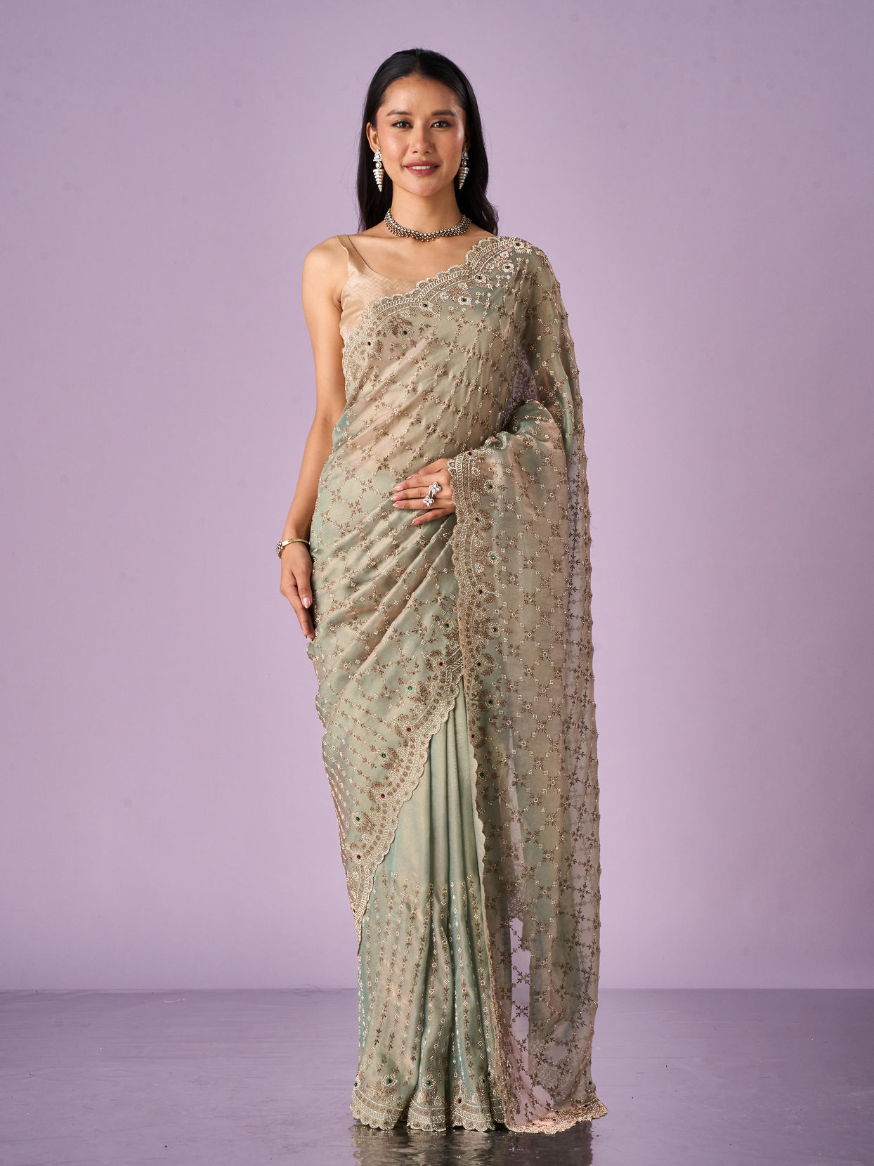 Mohey Women Sea Green Organza Saree with Stone Work