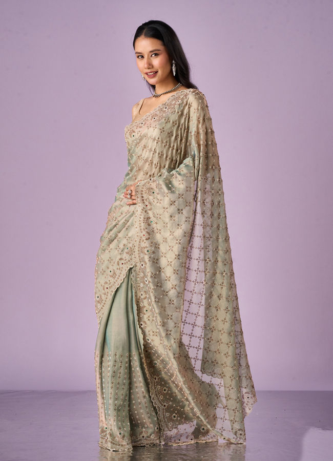 Mohey Women Sea Green Organza Saree with Stone Work
