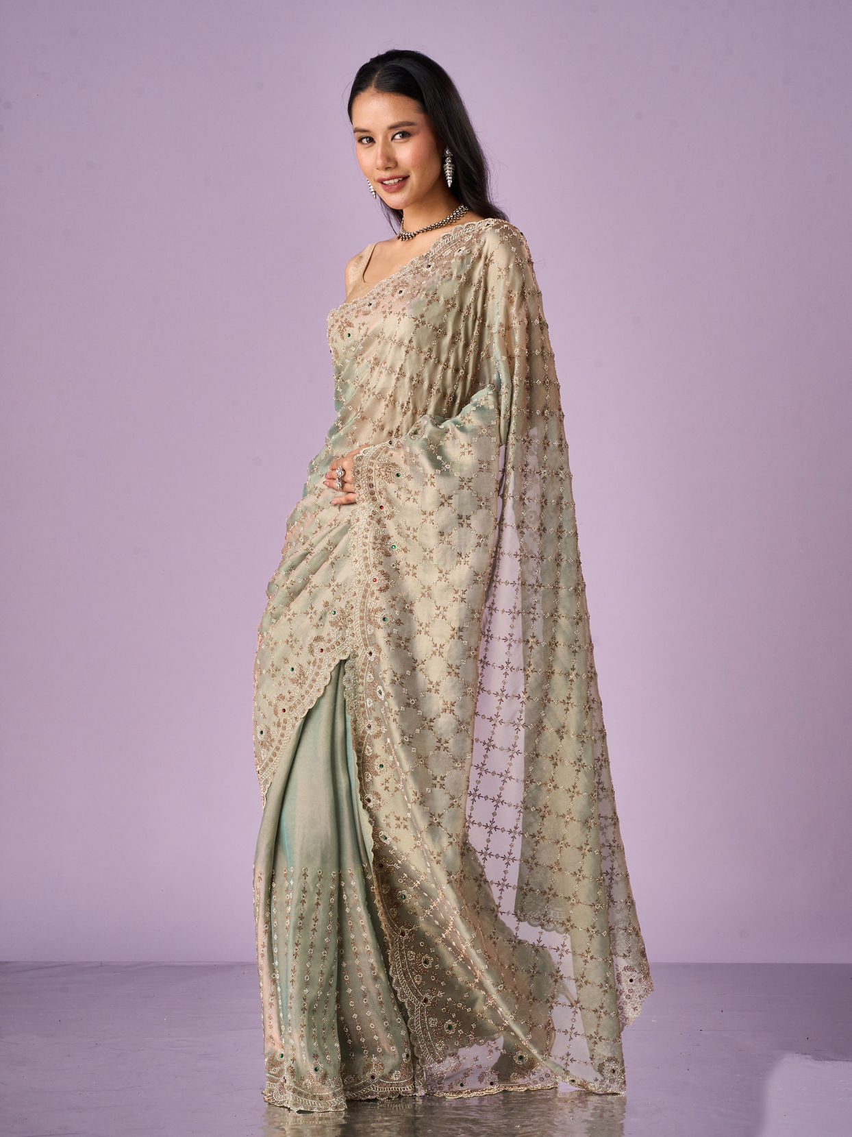 Mohey Women Sea Green Organza Saree with Stone Work