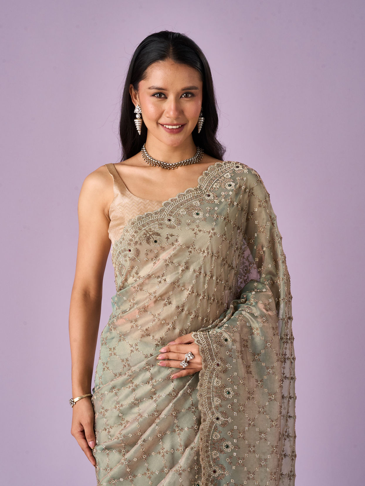 Mohey Women Sea Green Organza Saree with Stone Work