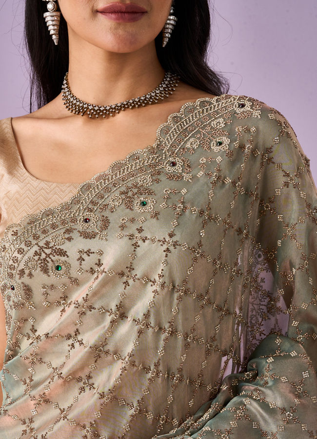 Mohey Women Sea Green Organza Saree with Stone Work