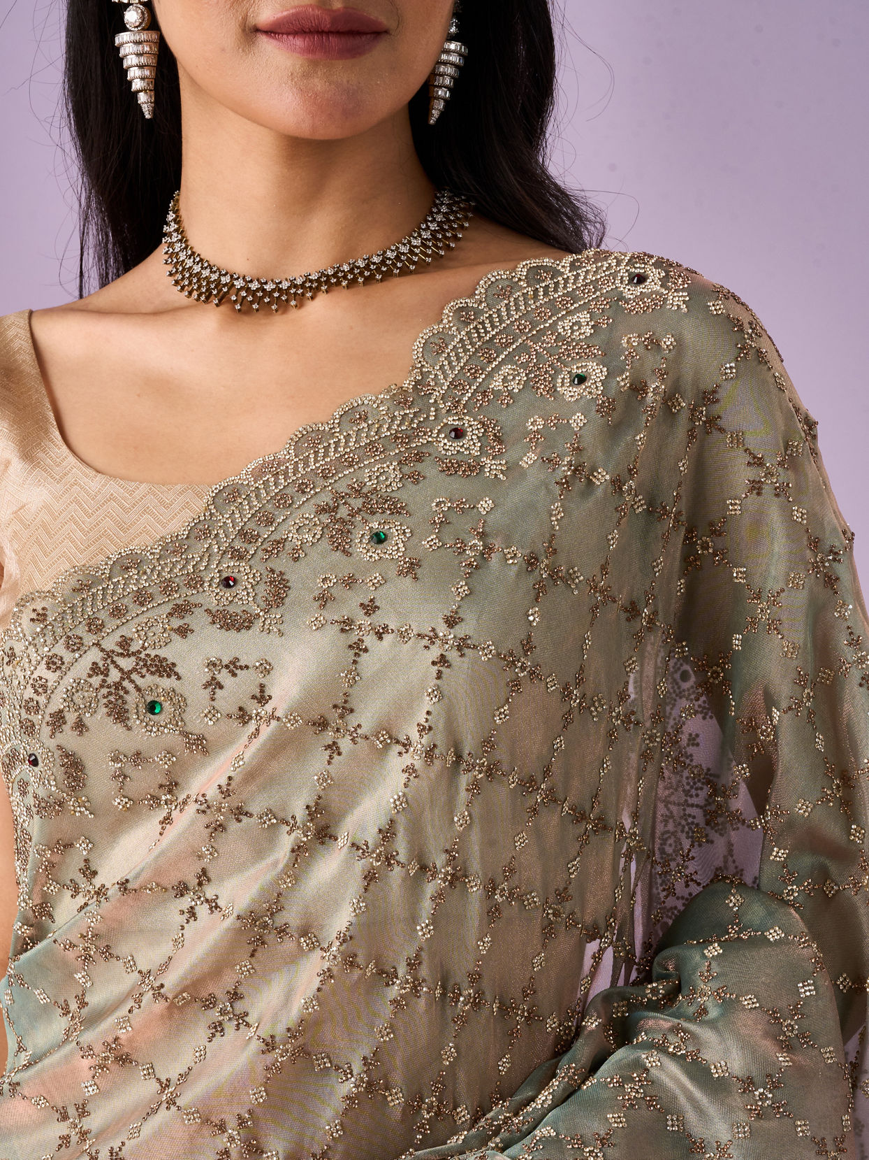 Mohey Women Sea Green Organza Saree with Stone Work