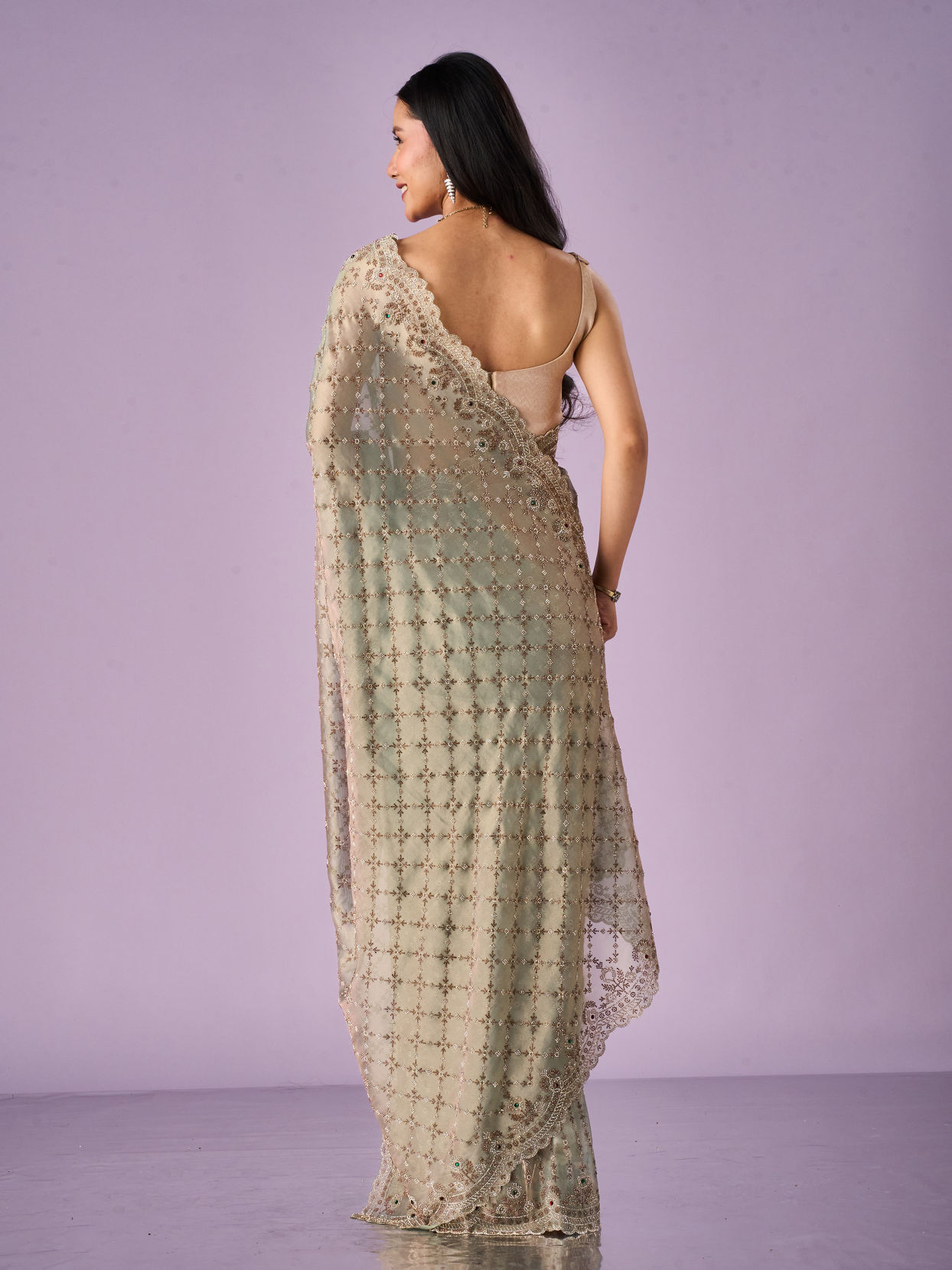 Mohey Women Sea Green Organza Saree with Stone Work