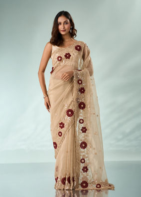 Mohey Women Beige Tissue Saree with Cutdana and Sequin Work