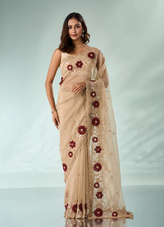 Mohey Women Beige Tissue Saree with Cutdana and Sequin Work
