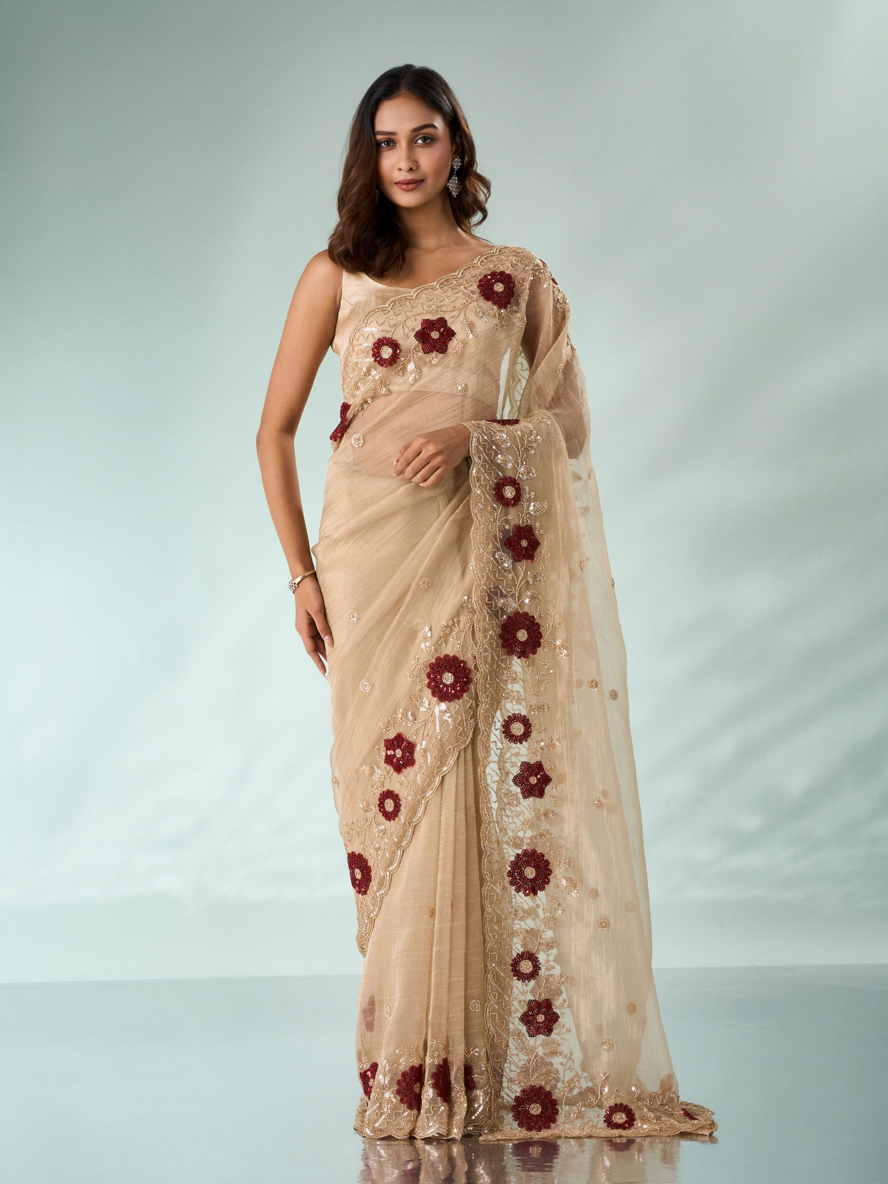 Mohey Women Beige Tissue Saree with Cutdana and Sequin Work