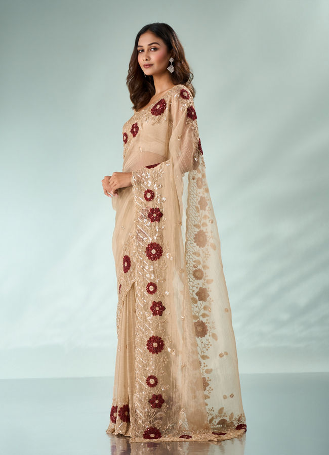 Mohey Women Beige Tissue Saree with Cutdana and Sequin Work