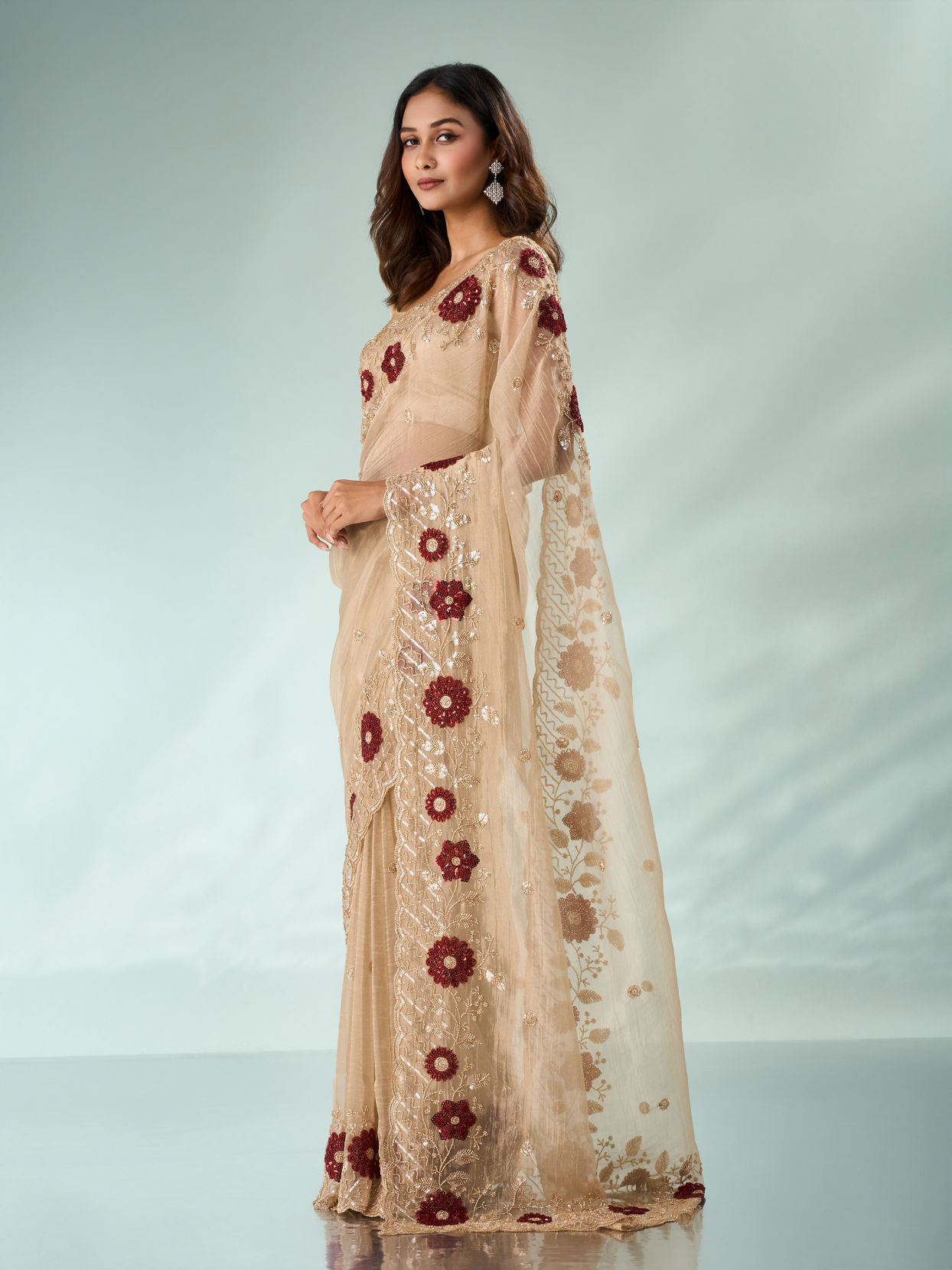 Mohey Women Beige Tissue Saree with Cutdana and Sequin Work
