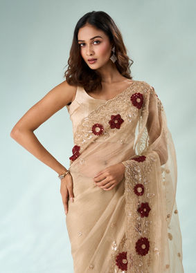 Mohey Women Beige Tissue Saree with Cutdana and Sequin Work