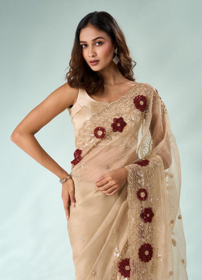 Mohey Women Beige Tissue Saree with Cutdana and Sequin Work