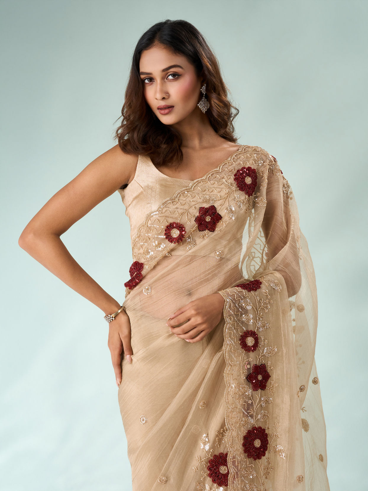 Mohey Women Beige Tissue Saree with Cutdana and Sequin Work