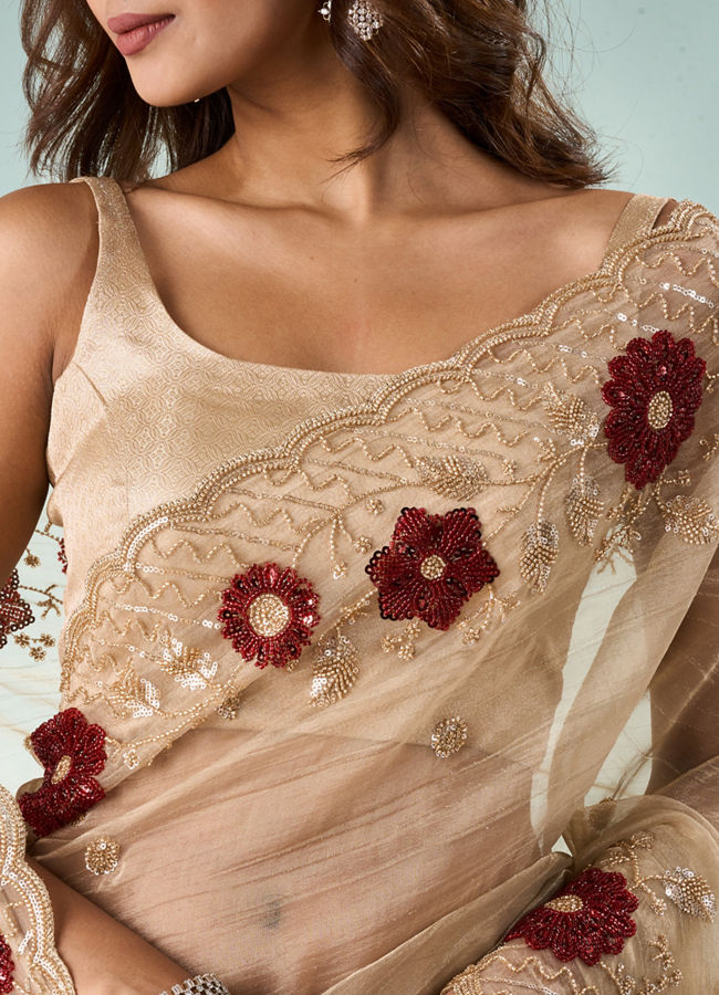 Mohey Women Beige Tissue Saree with Cutdana and Sequin Work