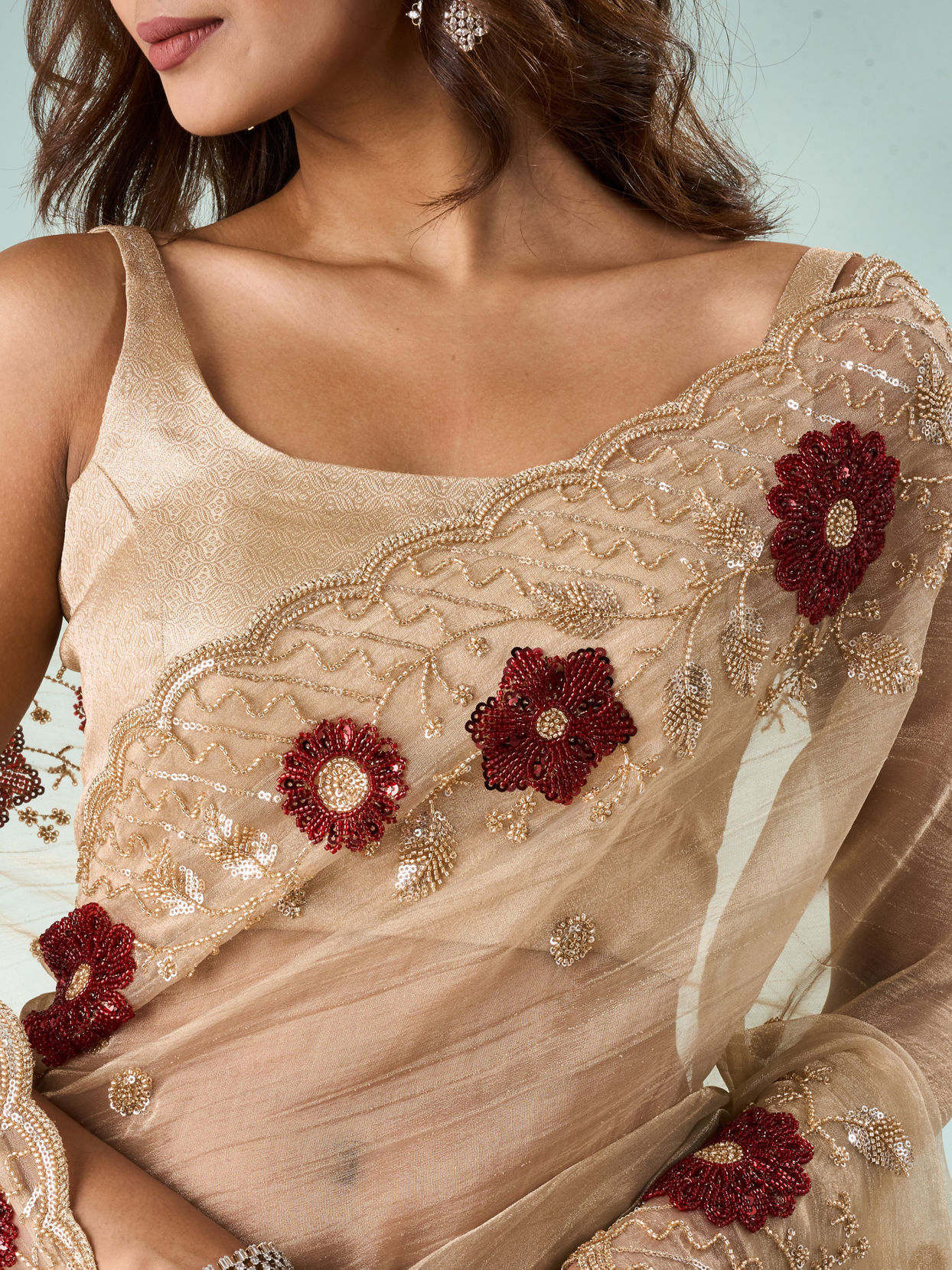 Mohey Women Beige Tissue Saree with Cutdana and Sequin Work