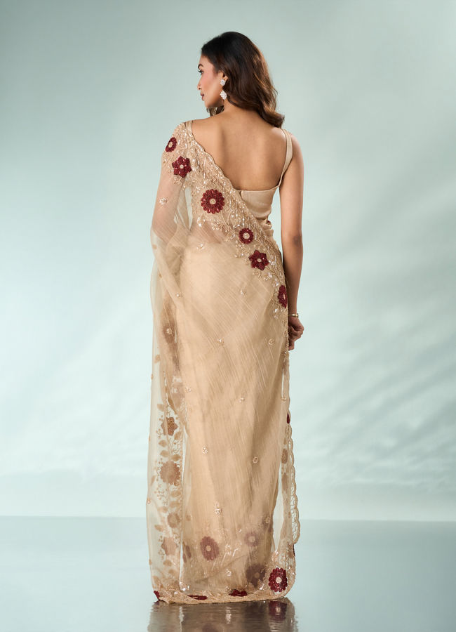 Mohey Women Beige Tissue Saree with Cutdana and Sequin Work