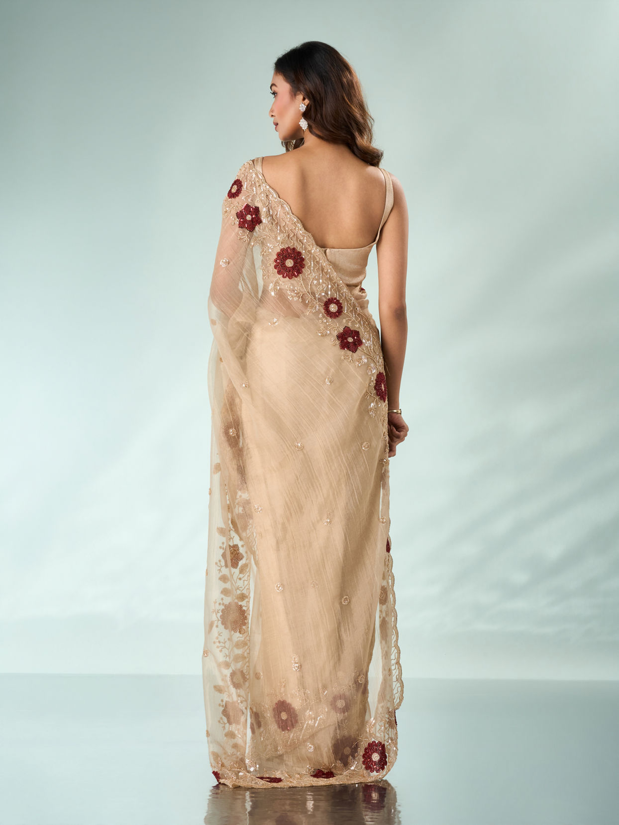 Mohey Women Beige Tissue Saree with Cutdana and Sequin Work