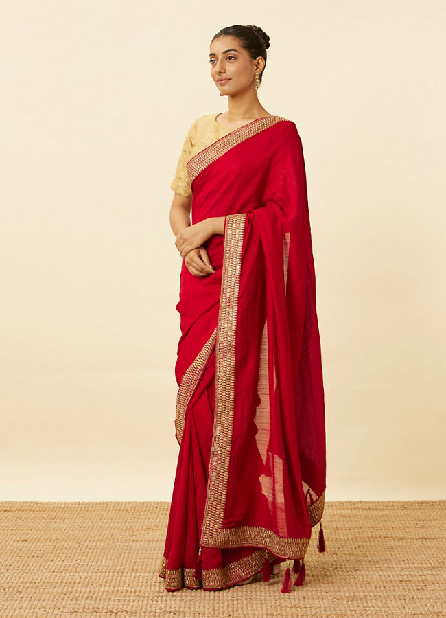 Mohey Women Fiesta Red Saree with Fern Embroidered Border