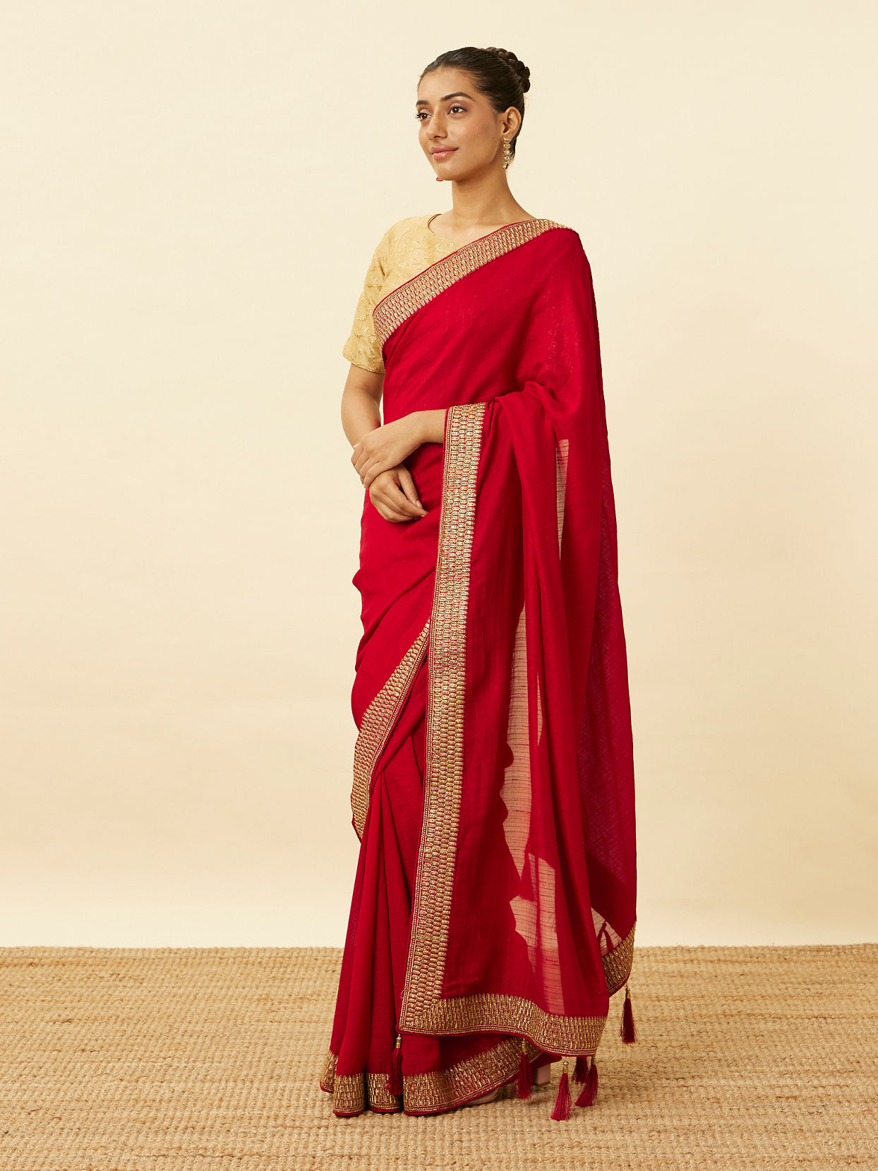 Mohey Women Fiesta Red Saree with Fern Embroidered Border