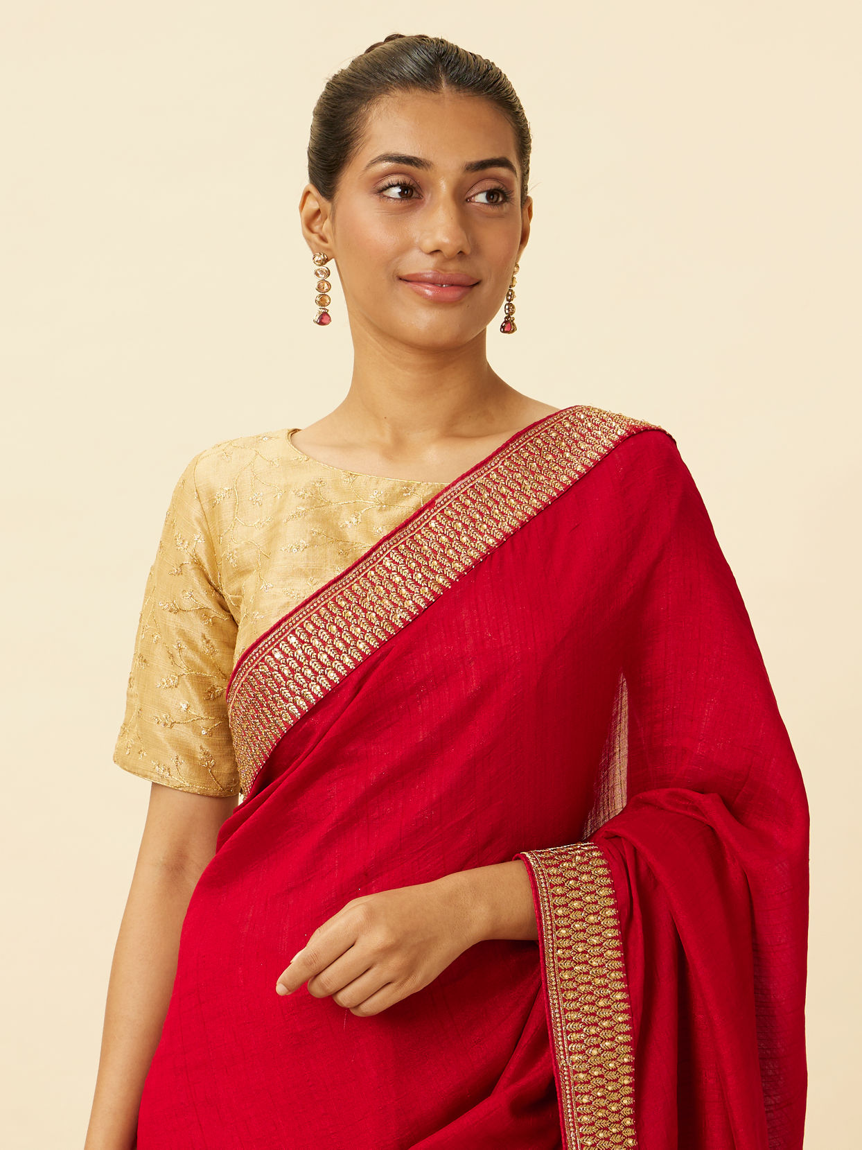 Fiesta Red Saree with Fern Embroidered Border image number 1