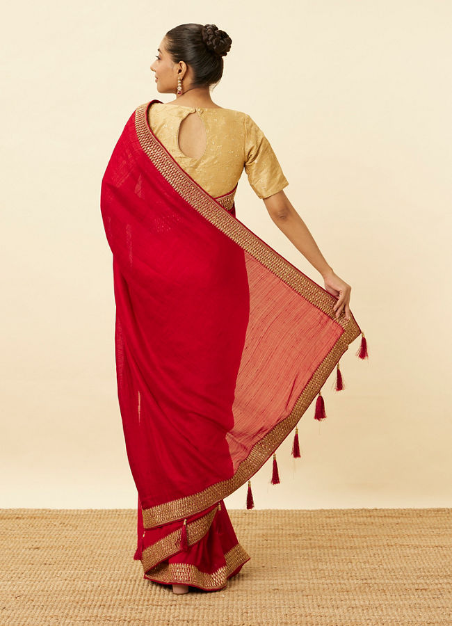 Mohey Women Fiesta Red Saree with Fern Embroidered Border
